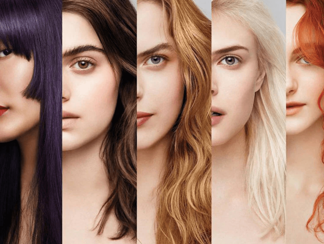 Five women with different hair colours — purple, brunette, honey blonde, platinum and copper — representing the full range of Aveda permanent colour and tone services at The Pamper Suite in Bexley.