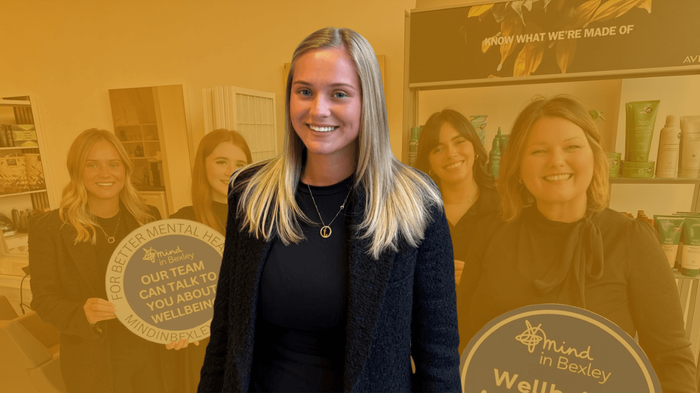Sienna, a friendly and talented stylist at The Pamper Suite in Bexley, pictured in salon with the team supporting local wellbeing through Mind in Bexley.